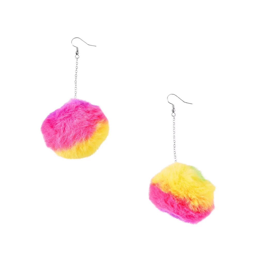Rainbow Fuzzy Ball Dangle Earrings