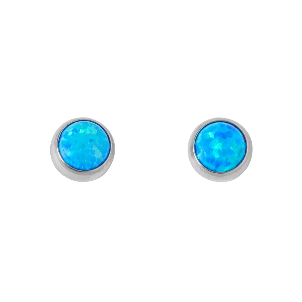 Round Blue Faux Opal Stud Earrings - 20 Gauge