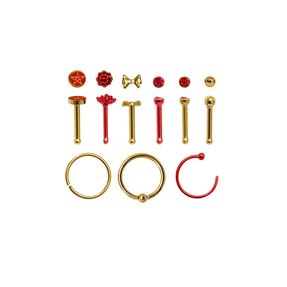 Multi-Pack Red and Gold Nose Pins Hoop Rings 9 Pack - 20 Gauge
