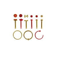 Multi-Pack Red and Gold Nose Pins Hoop Rings 9 Pack - 20 Gauge