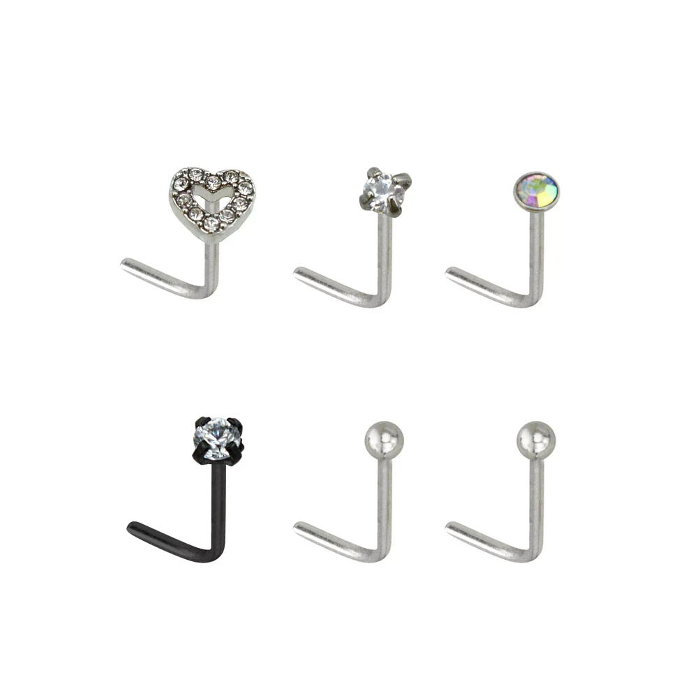 Multi-Pack CZ Heart L-Bend Nose Rings 6 Pack