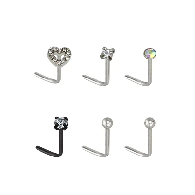 Multi-Pack CZ Heart L-Bend Nose Rings 6 Pack