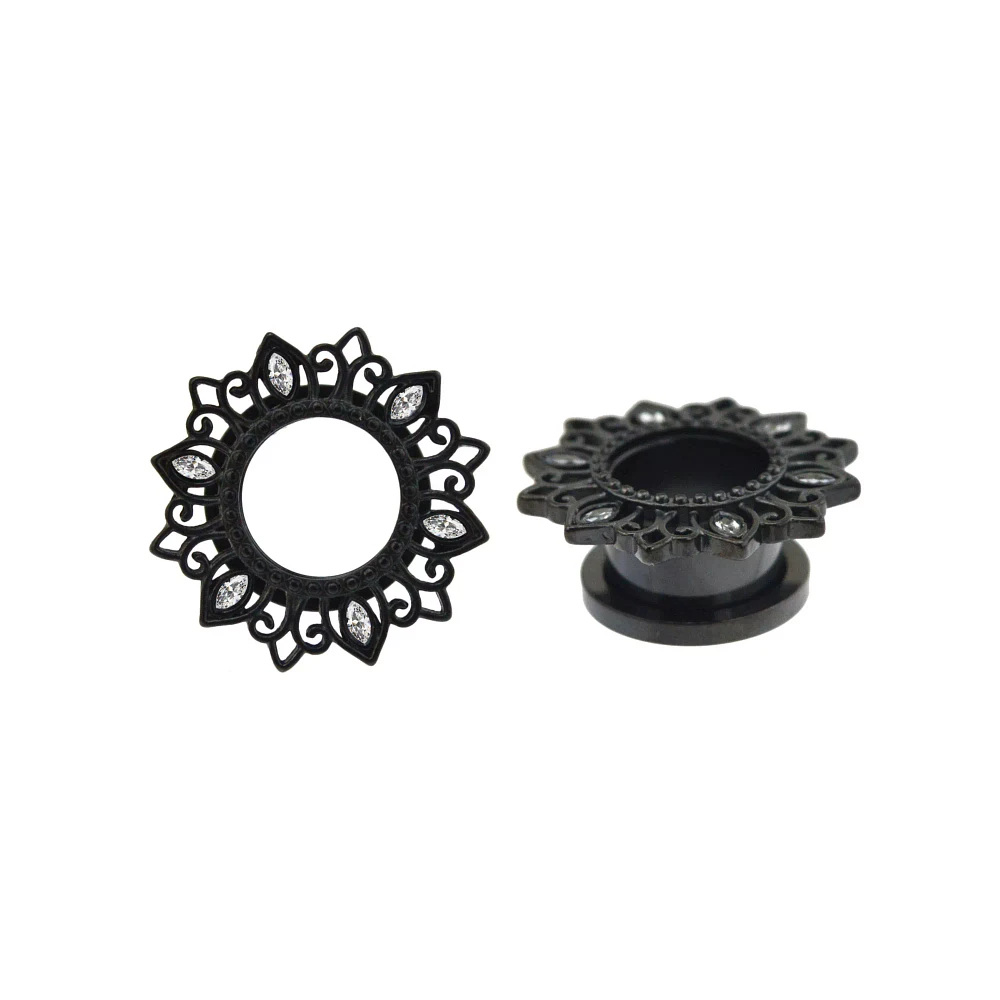 CZ Black Flower Screw Fit Tunnels