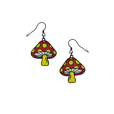 Red and Yellow Mushroom Dangle Earrings - 18 Gauge