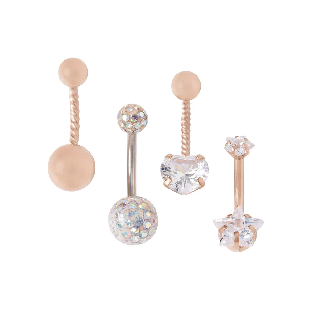 Multi-Pack CZ Heart and Star Belly Rings 4 Pack - 14 Gauge