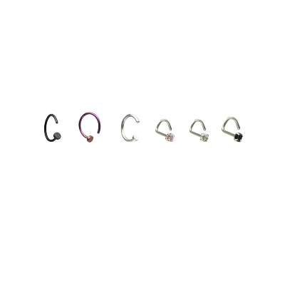 Multi-Pack CZ Black and Purple Hoop Nose Rings 6 Pack - 22 Gauge