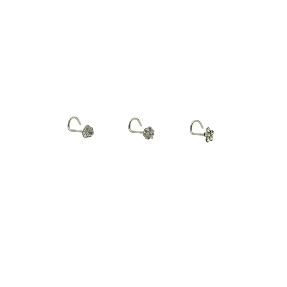 Multi-Pack Clear Gem Heart Star Flower Screw Nose Rings 3 Pack - 22 Gauge