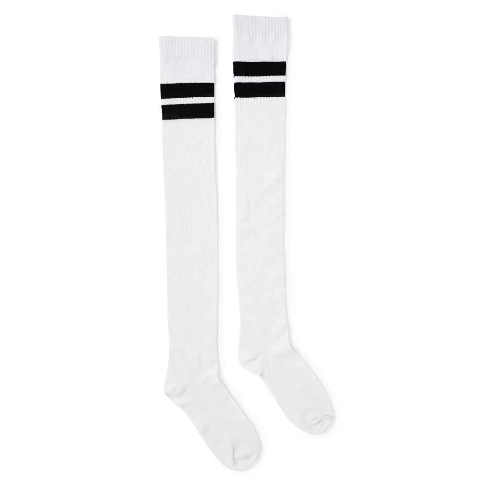 Dual Athletic Stripe Over The Knee Socks - White and Black