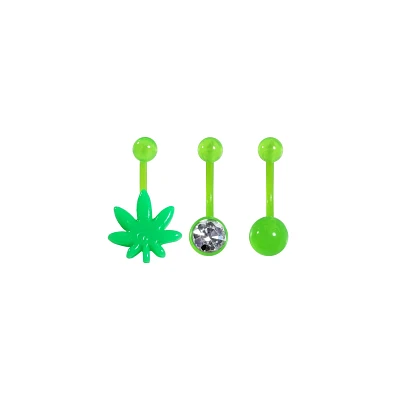 Multi-Pack Glow in the Dark CZ Weed Leaf Belly Rings 3 Pack - 14 Gauge