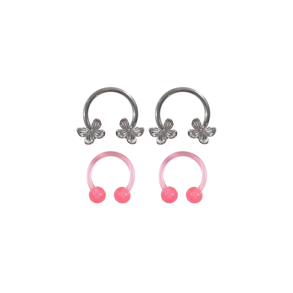 Multi-Pack Pink Butterfly Horseshoe Rings 2 Pair - 16 Gauge