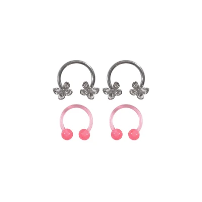 Multi-Pack Pink Butterfly Horseshoe Rings 2 Pair - 16 Gauge