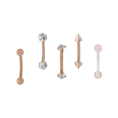 Multi-Pack CZ Rose Goldtone and Spike Curved Barbells 5 Pack - 16 Gauge