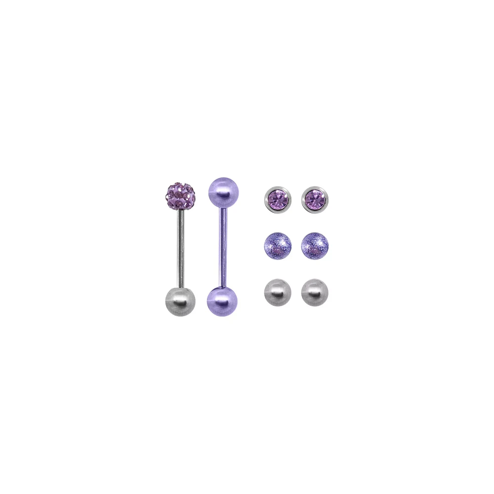 Multi-Pack CZ Purple Barbells with Extra Balls - 14 Gauge