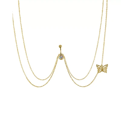 CZ Butterfly Chain Belly Ring - 14 Gauge