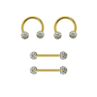 Multi-Pack CZ Goldtone Titanium Nipple Barbells and Horseshoe Rings 2 Pair - 14 Gauge