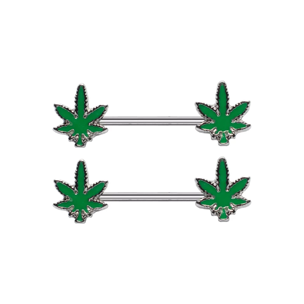 Glow the Dark Weed Leaf Nipple Barbells - 14 Gauge