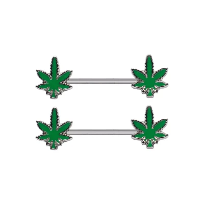 Glow the Dark Weed Leaf Nipple Barbells - 14 Gauge