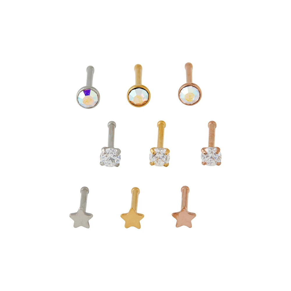 Multi-Pack CZ Rosegold Silver and Gold Nose Pins 9 Pack - 20 Gauge