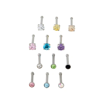 Multi-Pack CZ Pronged Nose Pins 12 Pack - 20 Gauge