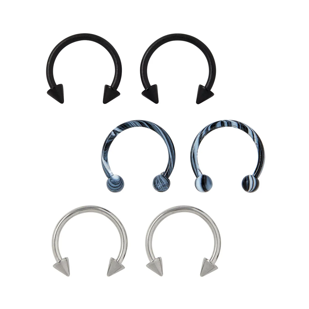 Multi-Pack Silver Black and Marble Horseshoe Rings 6 Pack - 16 Gauge