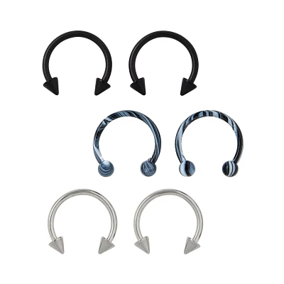 Multi-Pack Silver Black and Marble Horseshoe Rings 6 Pack - 16 Gauge