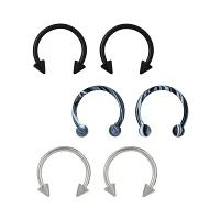 Multi-Pack Silver Black and Marble Horseshoe Rings 6 Pack - 16 Gauge
