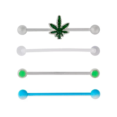 Multi-Pack Glow in the Dark Weed Leaf Industrial Barbells 4 Pack - 14 Gauge