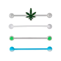 Multi-Pack Glow in the Dark Weed Leaf Industrial Barbells 4 Pack - 14 Gauge