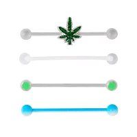 Multi-Pack Glow in the Dark Weed Leaf Industrial Barbells 4 Pack - 14 Gauge