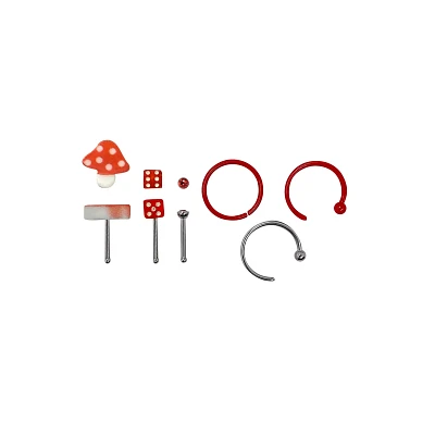 Multi-Pack Mushroom and Dice Nose Pins Hoop Rings 6 Pack - 20 Gauge