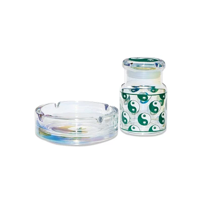 Yin Yang Weed Leaf Stash Jar and Ashtray Set