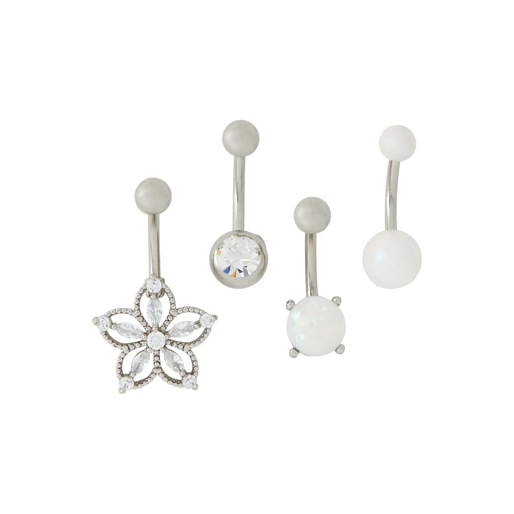 Multi-Pack CZ and Faux Opal Banana Belly Rings 4 Pack - 14 Gauge