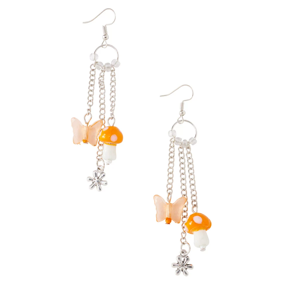 Mushroom and Butterfly Chain Dangle Earrings