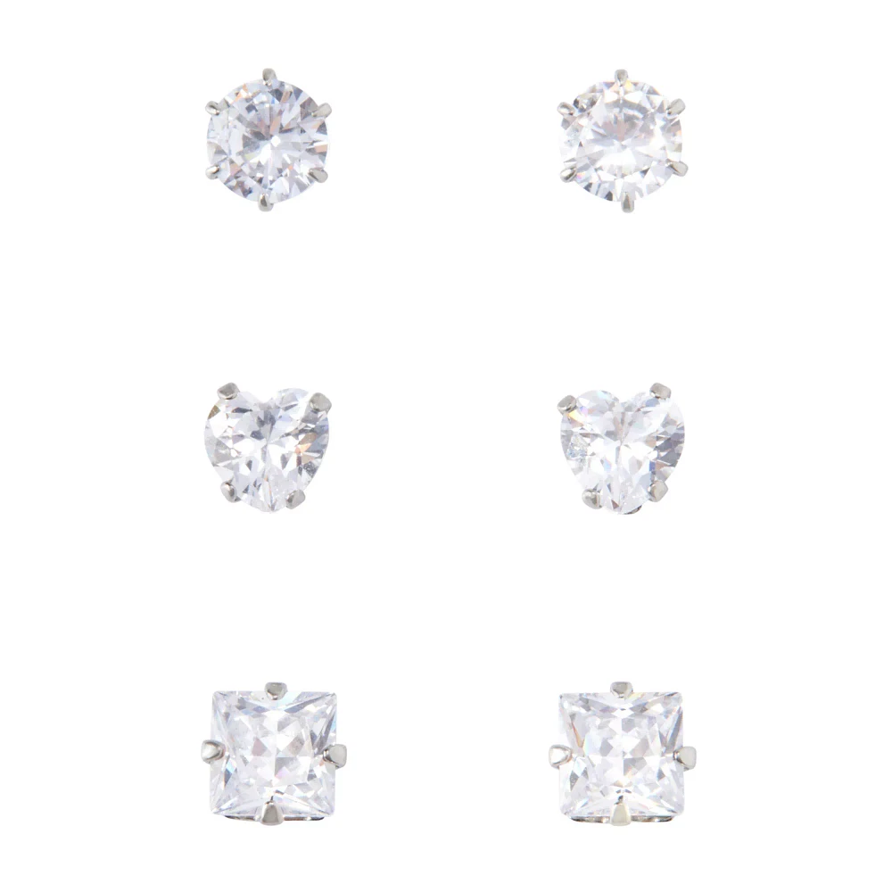 Multi-Pack CZ Round Heart and Square Stud Earrings 3 Pair - 20 Gauge