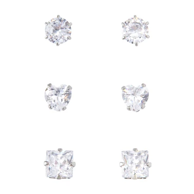 Multi-Pack CZ Round Heart and Square Stud Earrings 3 Pair - 20 Gauge