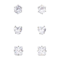 Multi-Pack CZ Round Heart and Square Stud Earrings 3 Pair - 20 Gauge