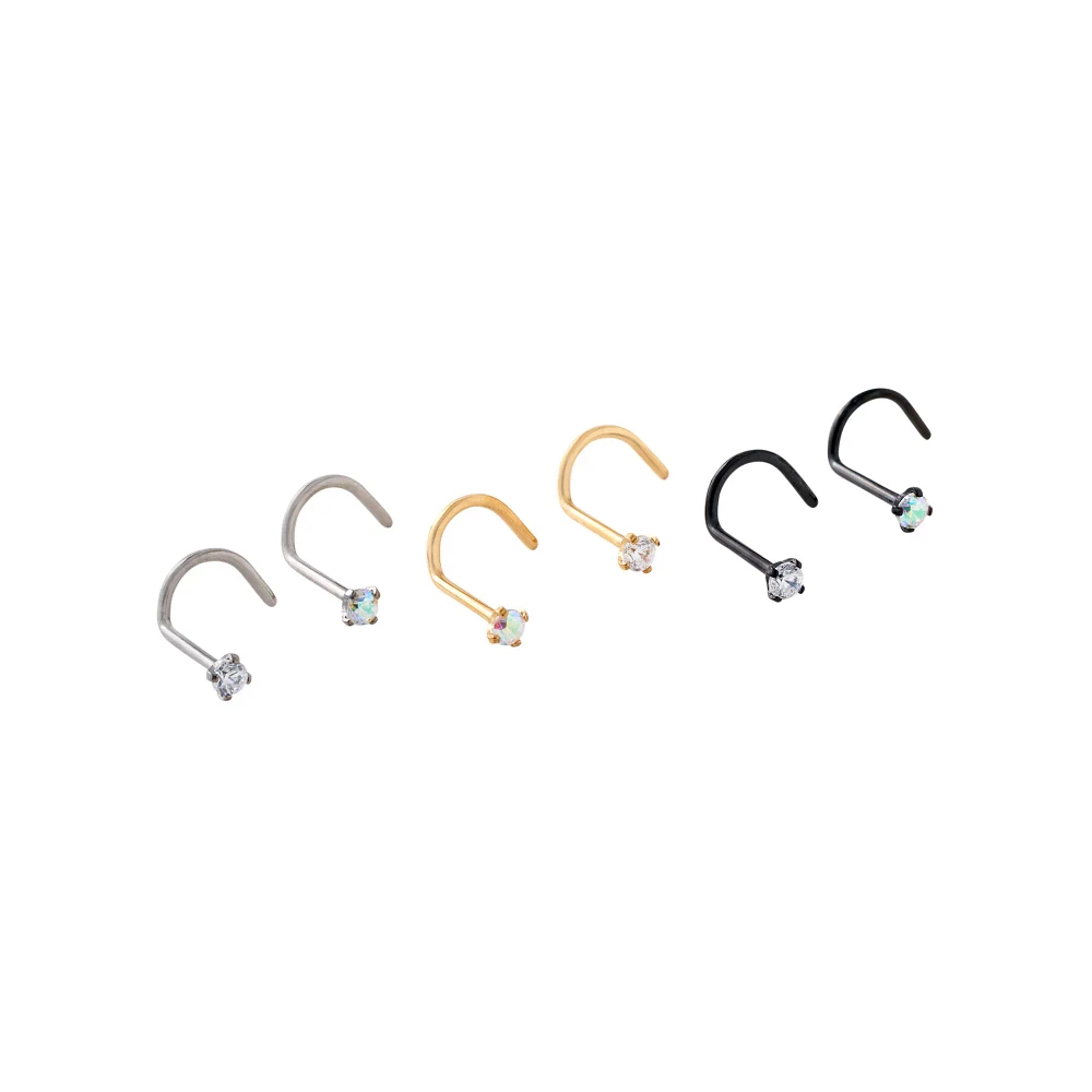 Multi-Pack Titanium CZ Silvertone Goldtone and Black Screw Nose Rings 6 Pack - 20 Gauge