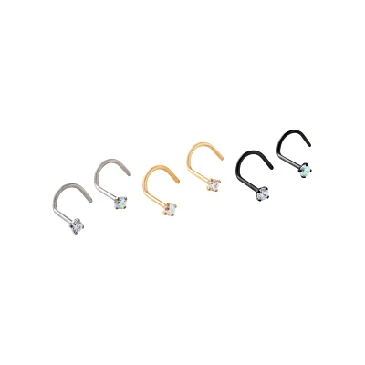 Multi-Pack Titanium CZ Silvertone Goldtone and Black Screw Nose Rings 6 Pack - 20 Gauge