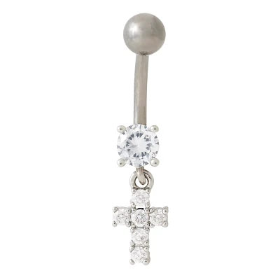 CZ Titanium Cross Belly Ring - 14 Gauge