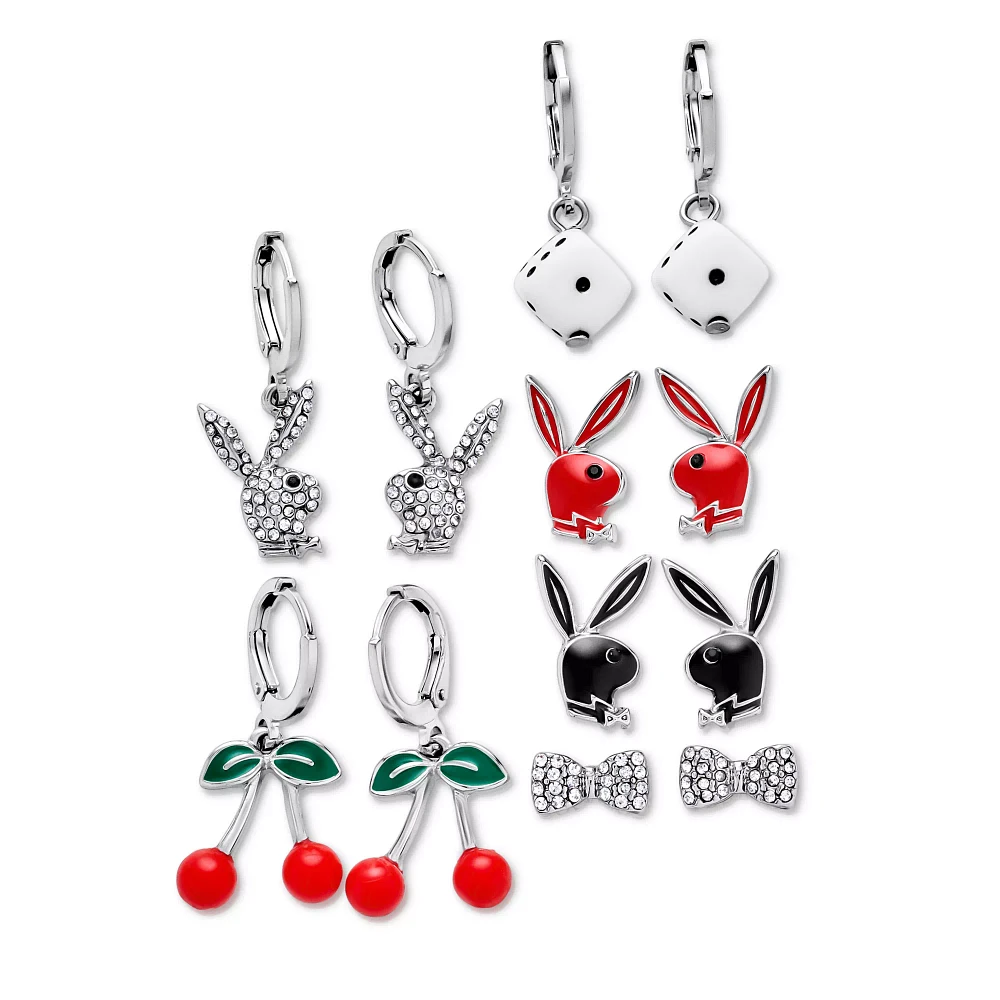 Multi-Pack Assorted Red and Black Playboy Bunny Dangle Earrings - 6 Pack