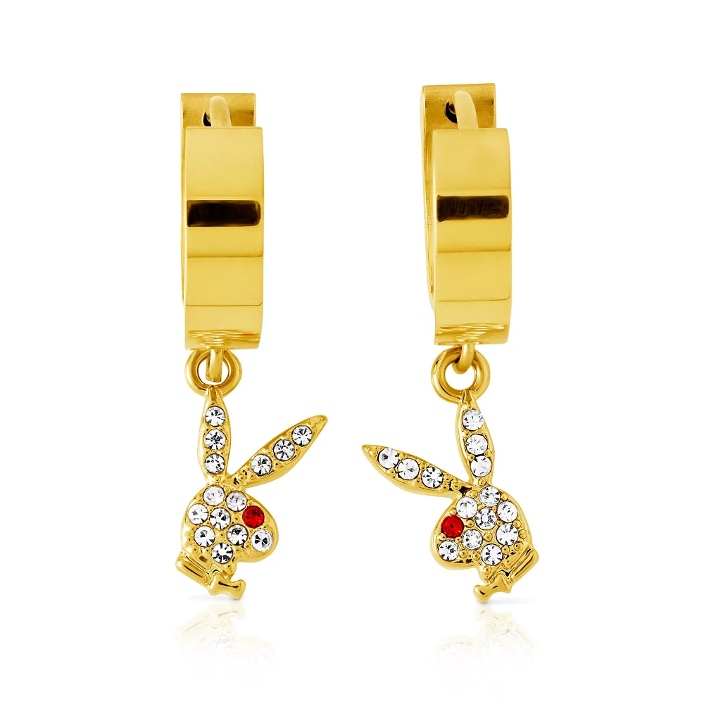 Playboy Bunny Goldtone Clear and Red Gem Huggie Hoop Dangle Earrings