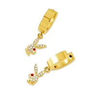 Playboy Bunny Goldtone Clear and Red Gem Huggie Hoop Dangle Earrings