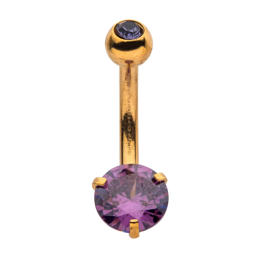 Prong Purple CZ Goldtone Belly Ring - 14 Gauge