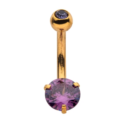 Prong Purple CZ Goldtone Belly Ring - 14 Gauge