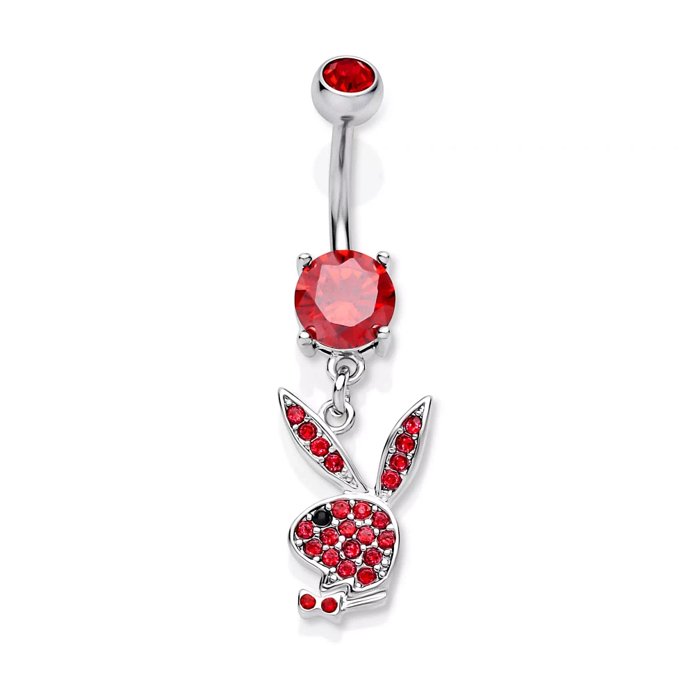 CZ Red Playboy Bunny Dangle Belly Ring - 14 Gauge