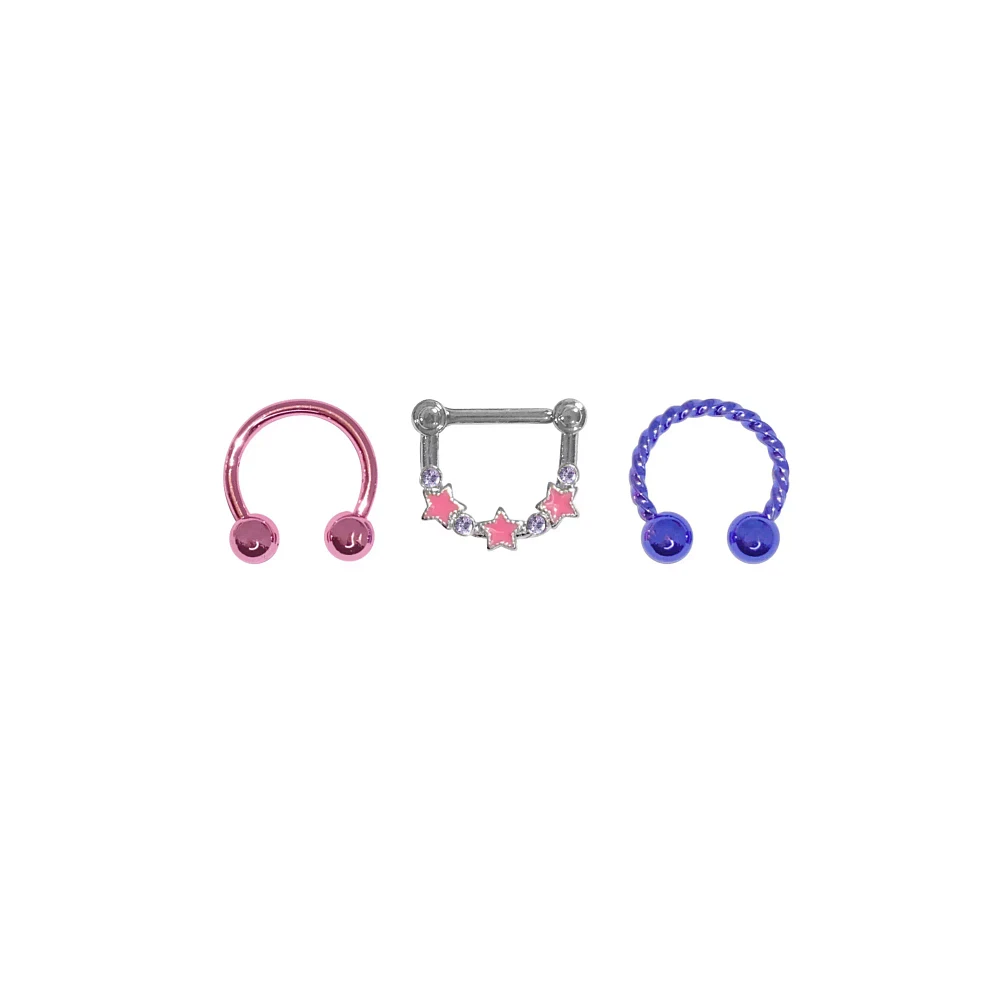 Multi-Pack Pink and Purple Star Septum Rings 3 Pack - 16 Gauge