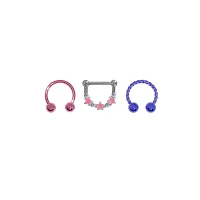 Multi-Pack Pink and Purple Star Septum Rings 3 Pack - 16 Gauge