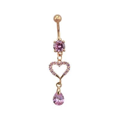 Pink CZ Rose Goldtone Heart Dangle Belly Ring - 14 Gauge