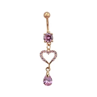 Pink CZ Rose Goldtone Heart Dangle Belly Ring - 14 Gauge