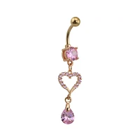 Pink CZ Rose Goldtone Heart Dangle Belly Ring - 14 Gauge